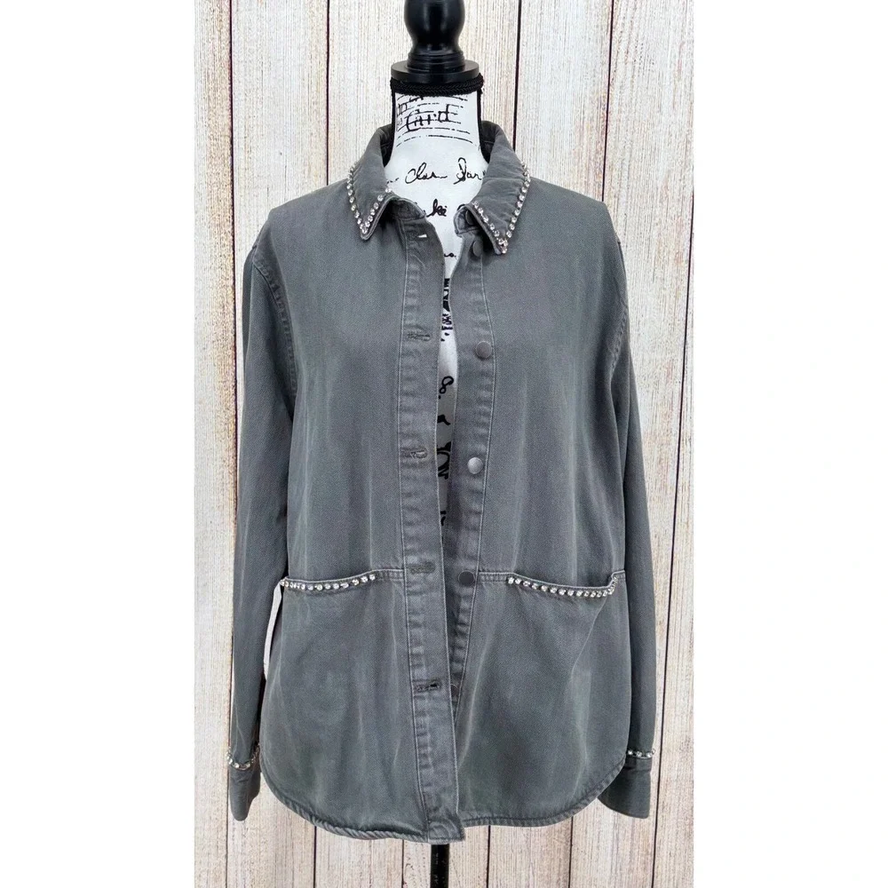 Zara XL Gray Denim Embellished Utility Jacket Crystal Stud Collar Pockets‎ NWT